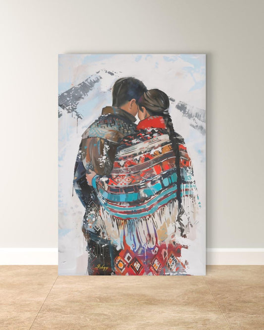 Sami Couple Portrait Painting Canvas Framed Canvas, Lapland Nordic Art Print, Scandinavian Mountain Wall Art For Cabin Living Room Bedroom, Cozy Decor