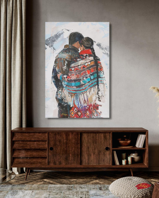 Sami Couple Portrait Painting Canvas Framed Canvas, Lapland Nordic Art Print, Scandinavian Mountain Wall Art For Cabin Living Room Bedroom, Cozy Decor