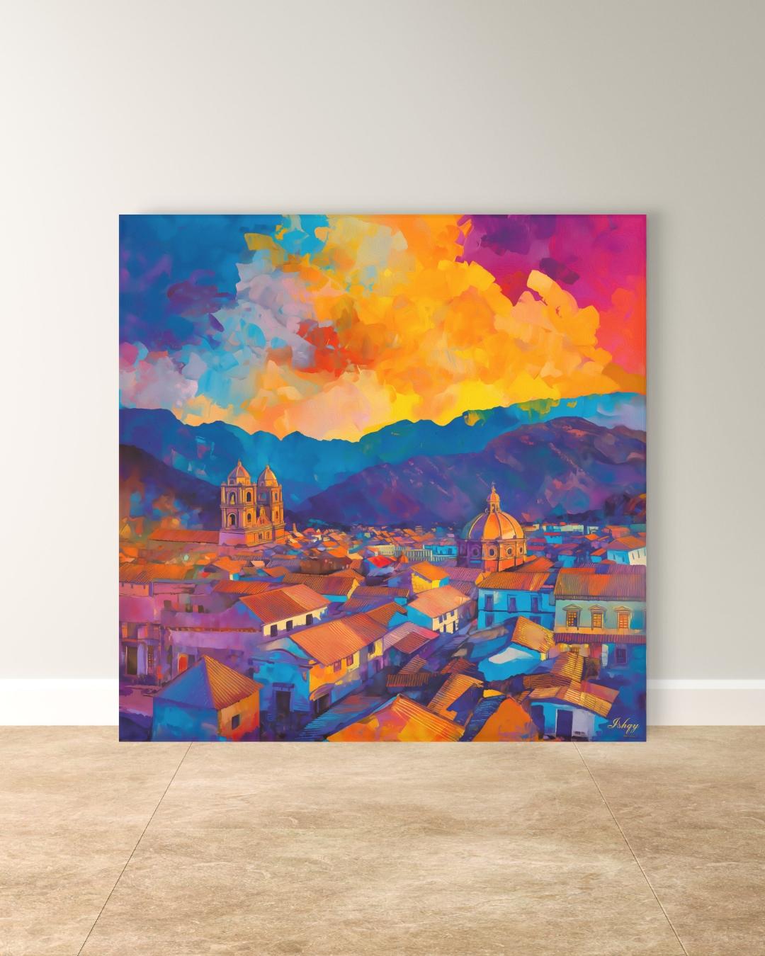 Cusco’s terracotta rooftops and cathedral domes beneath an Andean sunset—rich, travel-bright color for living rooms or offices.
