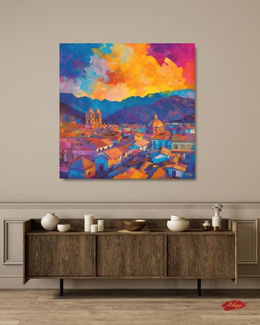 Cusco’s terracotta rooftops and cathedral domes beneath an Andean sunset—rich, travel-bright color for living rooms or offices.