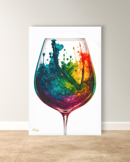 Colorful Wine Glass Abstract Wall Art Print, Canvas & Framed Canvas – Modern Kitchen, Dining Room & Home Bar Decor, Vibrant Rainbow Splash Painting