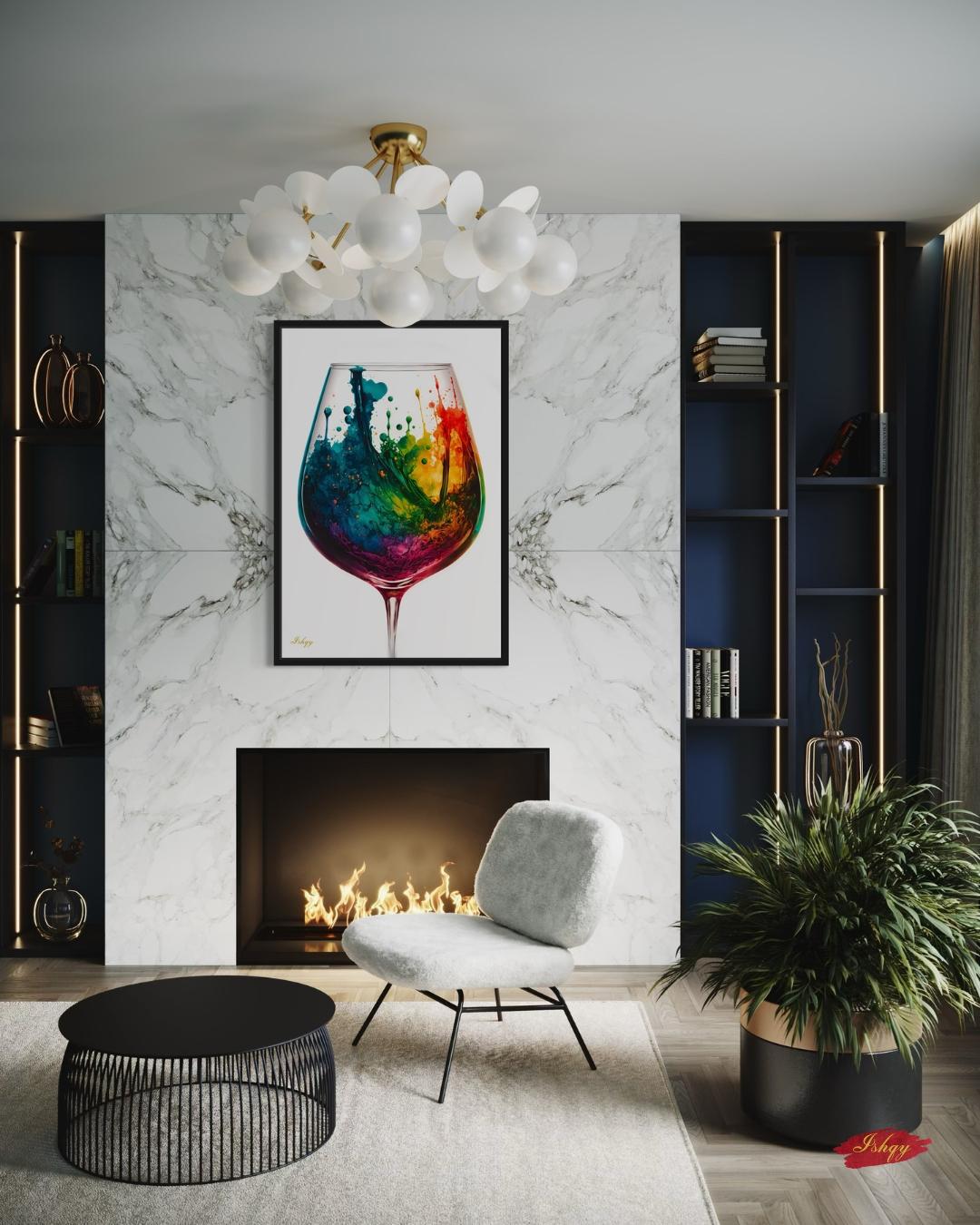 Colorful Wine Glass Abstract Wall Art Print, Canvas & Framed Canvas – Modern Kitchen, Dining Room & Home Bar Decor, Vibrant Rainbow Splash Painting