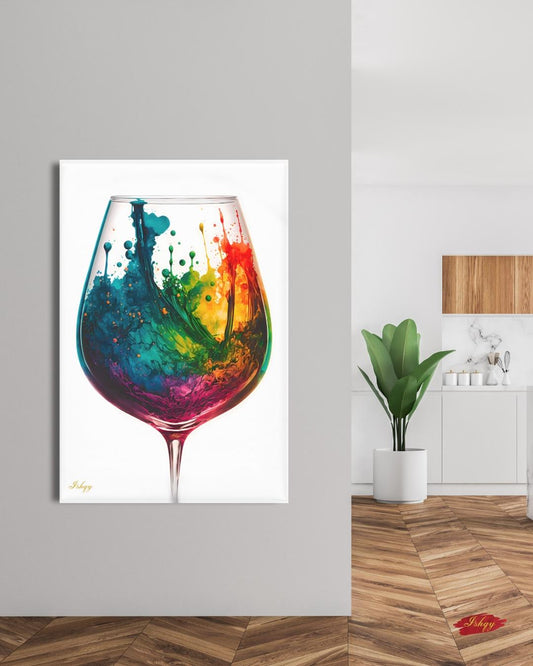 Colorful Wine Glass Abstract Wall Art Print, Canvas & Framed Canvas – Modern Kitchen, Dining Room & Home Bar Decor, Vibrant Rainbow Splash Painting