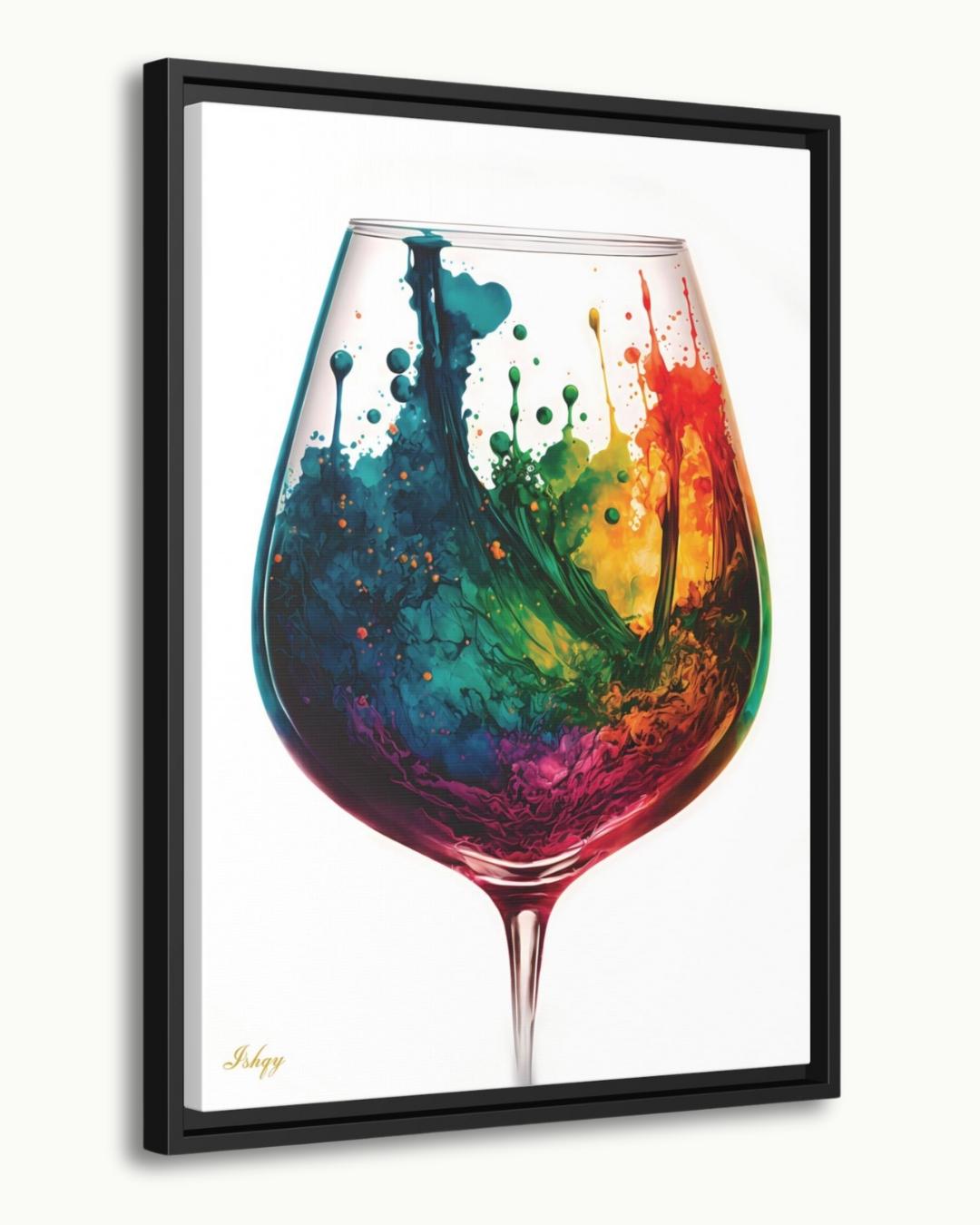 Colorful Wine Glass Abstract Wall Art Print, Canvas & Framed Canvas – Modern Kitchen, Dining Room & Home Bar Decor, Vibrant Rainbow Splash Painting