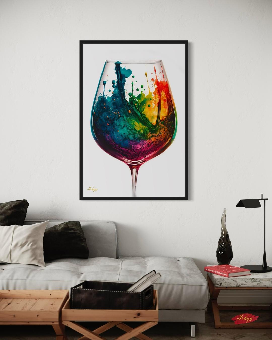 Colorful Wine Glass Abstract Wall Art Print, Canvas & Framed Canvas – Modern Kitchen, Dining Room & Home Bar Decor, Vibrant Rainbow Splash Painting