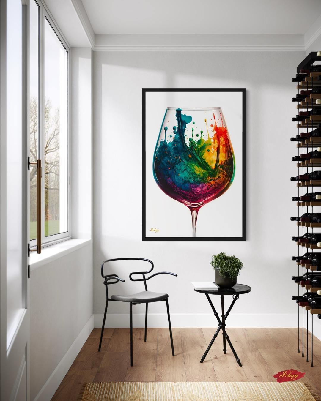 Colorful Wine Glass Abstract Wall Art Print, Canvas & Framed Canvas – Modern Kitchen, Dining Room & Home Bar Decor, Vibrant Rainbow Splash Painting
