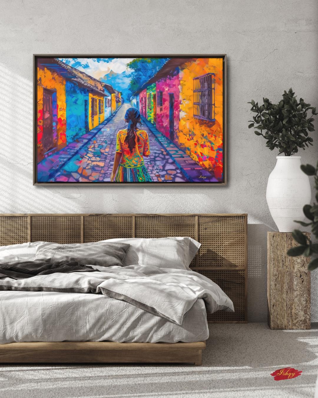 Chichicastenango Cityscape Painting Print Canvas Framed Canvas, Guatemala Street Art, Colorful Colonial Wall Art For Living Room And Bedroom