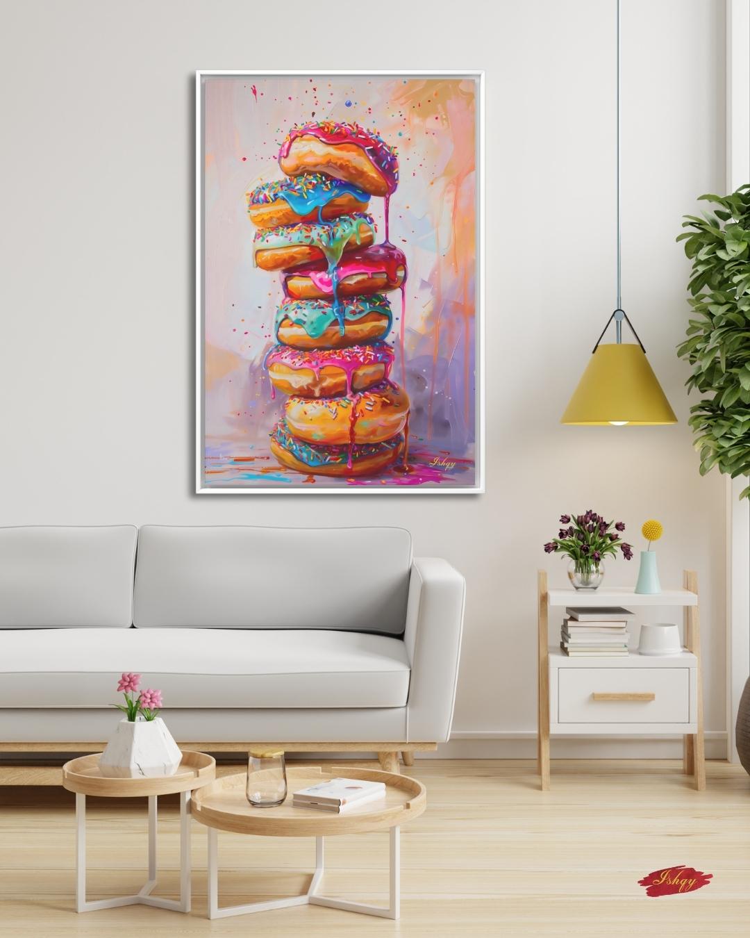 Donut Stack Painting Canvas Framed Canvas, Colorful Dripping Doughnuts Pop Art Print For Kitchen Coffee Bar, Bakery Dining Room Wall Decor