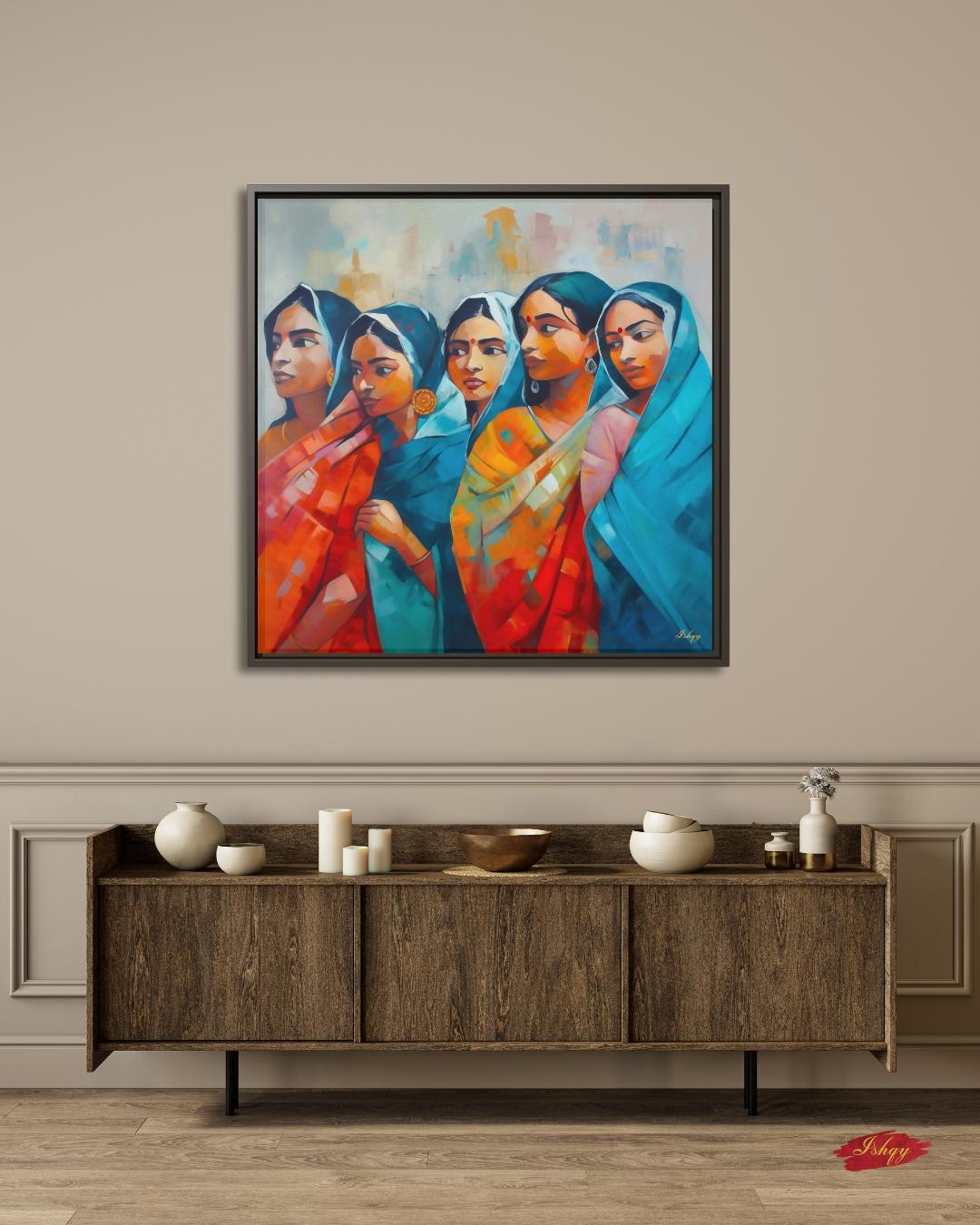 Bengali Women Wall Art, Indian Saree Canvas, Kolkata Culture Print, Vibrant South Asian Home Decor, Gift for Her, Living Room Artwork Poster