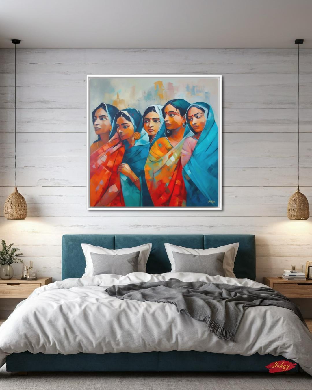 Bengali Women Wall Art, Indian Saree Canvas, Kolkata Culture Print, Vibrant South Asian Home Decor, Gift for Her, Living Room Artwork Poster