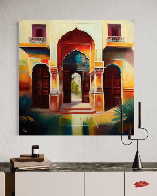 Indian Palace Door Wall Art, Rajasthan Archway Print, Vibrant Heritage Canvas, Traditional Architectural Artwork for Home Living Room Decor