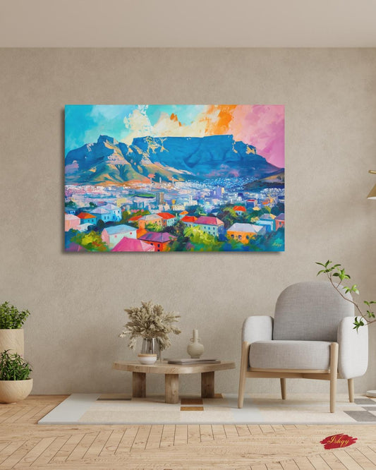 Cape Town South Africa Cityscape Painting Print, Canvas Framed Canvas, Table Mountain Skyline Art, Colorful Coastal Wall Art For Living Room