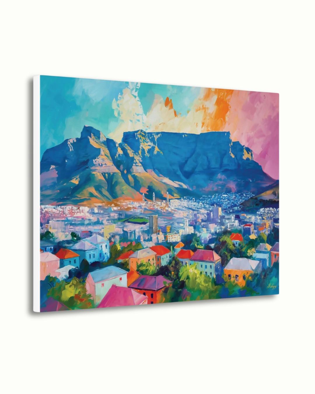 Cape Town South Africa Cityscape Painting Print, Canvas Framed Canvas, Table Mountain Skyline Art, Colorful Coastal Wall Art For Living Room