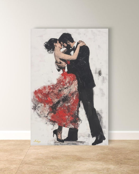 Tango Nights is an expressive painting print of a couple locked in an intimate tango, her red dress flowing in motion. This passionate wall art captures the fiery elegance of the dance and adds a dramatic, romantic touch to your home. Available on canvas and framed canvas, it’s perfect for living rooms, bedrooms, or any space craving warmth and connection.