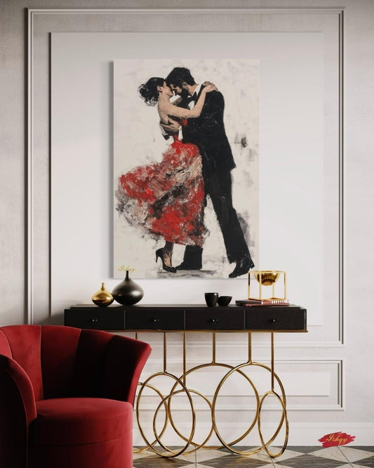 Tango Nights is an expressive painting print of a couple locked in an intimate tango, her red dress flowing in motion. This passionate wall art captures the fiery elegance of the dance and adds a dramatic, romantic touch to your home. Available on canvas and framed canvas, it’s perfect for living rooms, bedrooms, or any space craving warmth and connection.