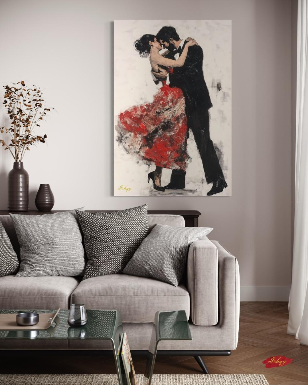 Tango Nights is an expressive painting print of a couple locked in an intimate tango, her red dress flowing in motion. This passionate wall art captures the fiery elegance of the dance and adds a dramatic, romantic touch to your home. Available on canvas and framed canvas, it’s perfect for living rooms, bedrooms, or any space craving warmth and connection.