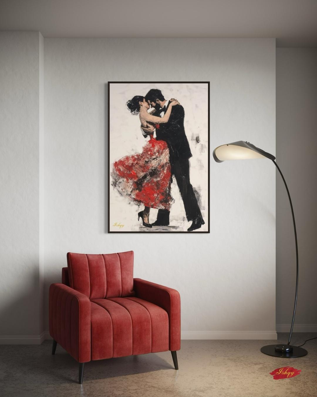 Tango Nights is an expressive painting print of a couple locked in an intimate tango, her red dress flowing in motion. This passionate wall art captures the fiery elegance of the dance and adds a dramatic, romantic touch to your home. Available on canvas and framed canvas, it’s perfect for living rooms, bedrooms, or any space craving warmth and connection.