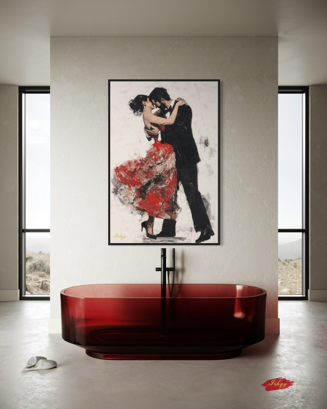 Tango Nights is an expressive painting print of a couple locked in an intimate tango, her red dress flowing in motion. This passionate wall art captures the fiery elegance of the dance and adds a dramatic, romantic touch to your home. Available on canvas and framed canvas, it’s perfect for living rooms, bedrooms, or any space craving warmth and connection.