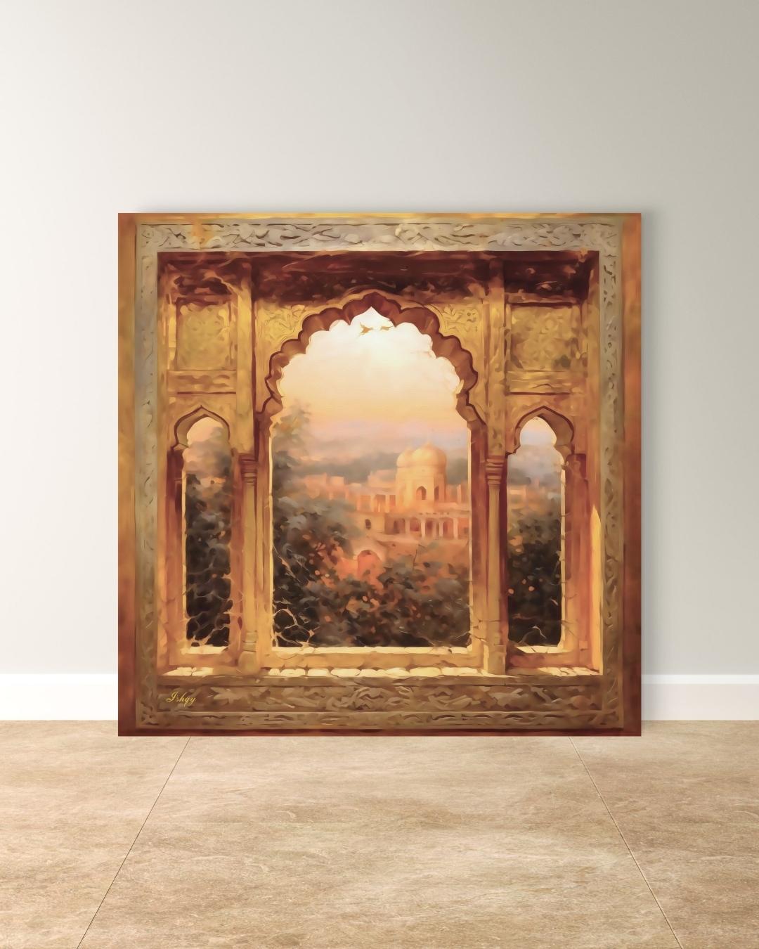 The Mughal Arch | Indian Heritage Wall Art Print | IshqyBusiness. The Mughal Arch art print featuring intricate Indian architecture and sunset views. Canvas & framed canvas painting print for timeless home decor.