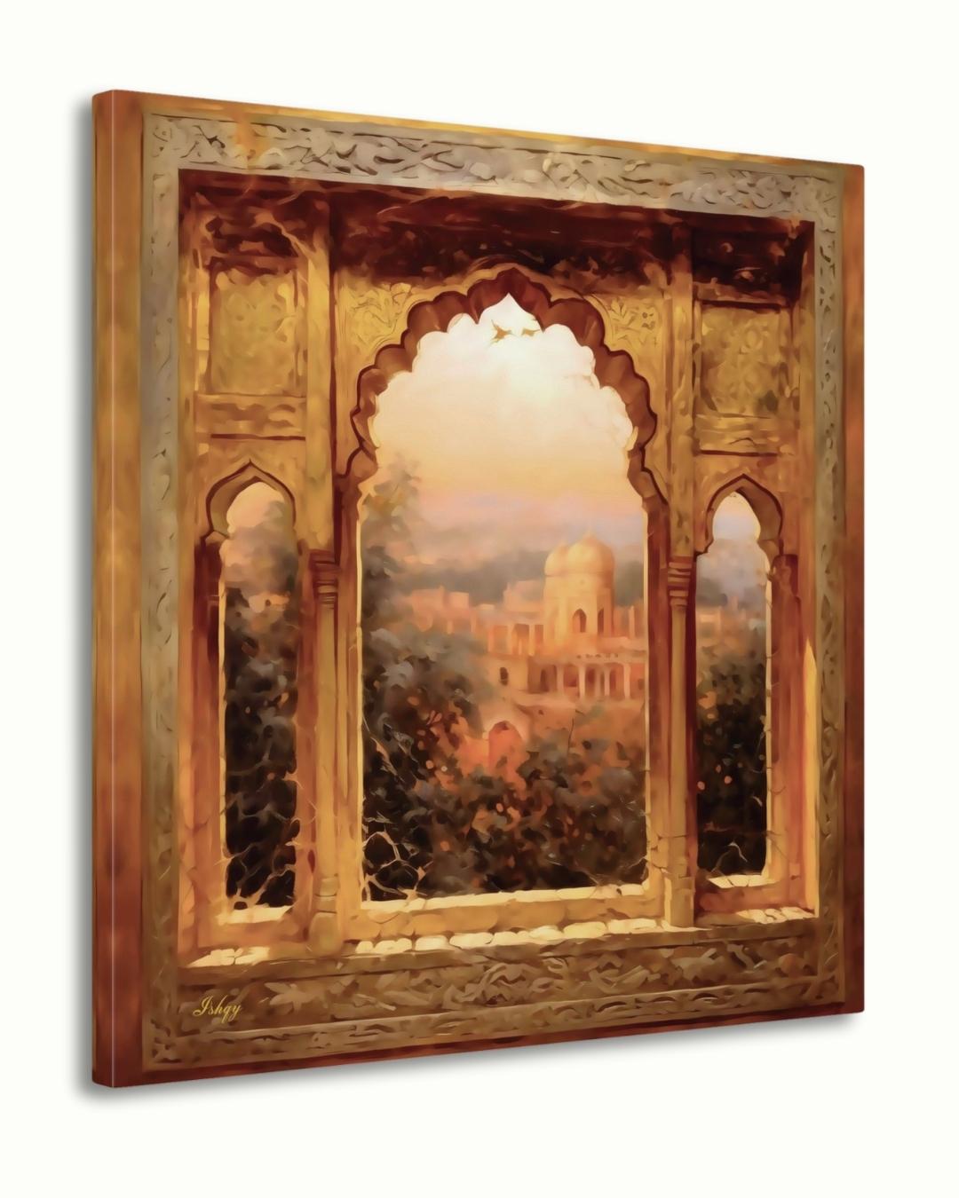 The Mughal Arch | Indian Heritage Wall Art Print | IshqyBusiness. The Mughal Arch art print featuring intricate Indian architecture and sunset views. Canvas & framed canvas painting print for timeless home decor.