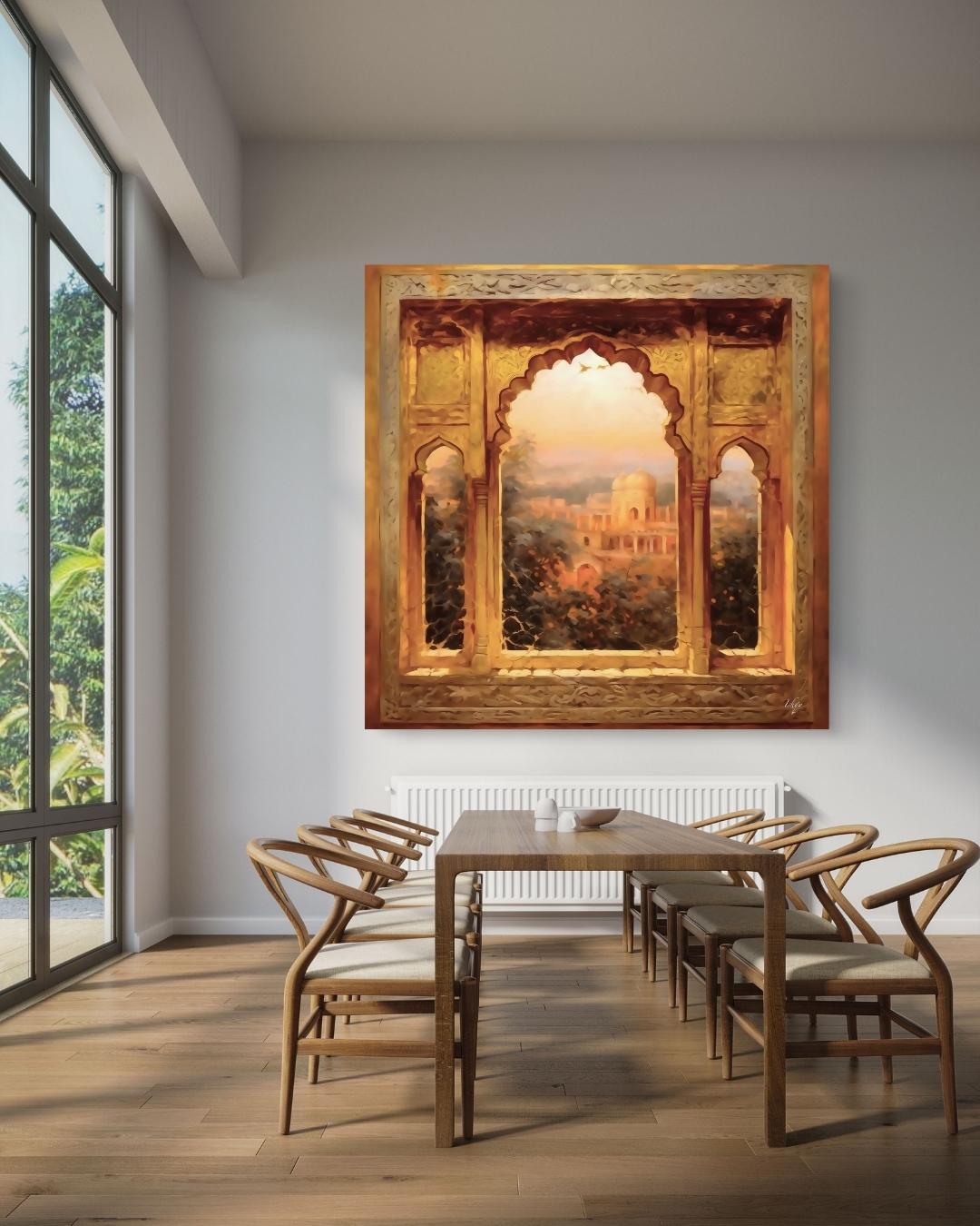 The Mughal Arch | Indian Heritage Wall Art Print | IshqyBusiness. The Mughal Arch art print featuring intricate Indian architecture and sunset views. Canvas & framed canvas painting print for timeless home decor.