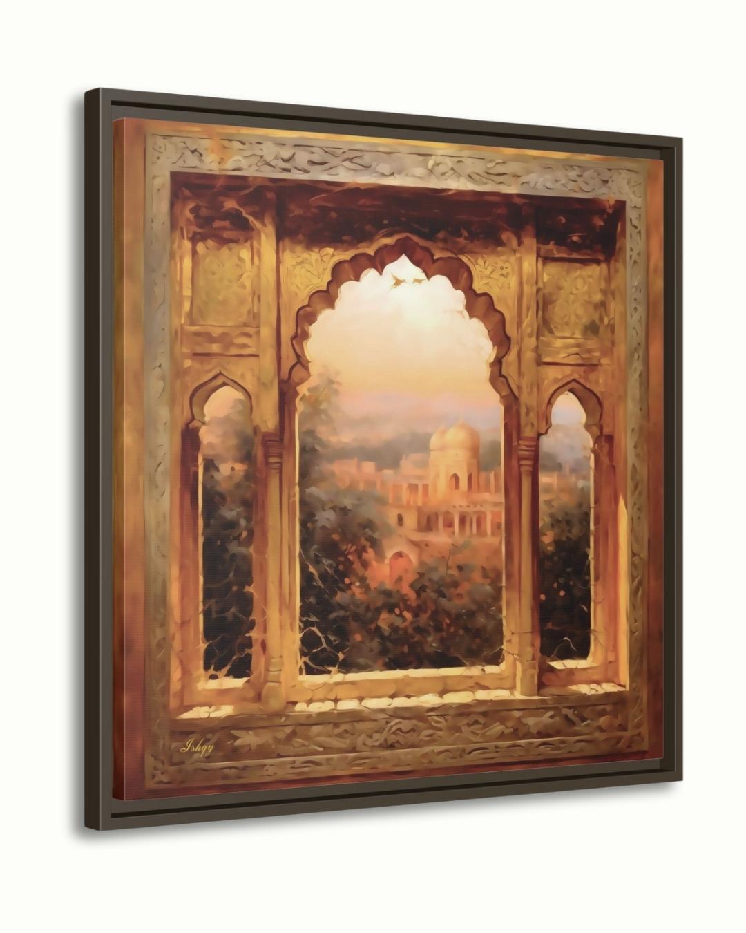 The Mughal Arch | Indian Heritage Wall Art Print | IshqyBusiness. The Mughal Arch art print featuring intricate Indian architecture and sunset views. Canvas & framed canvas painting print for timeless home decor.