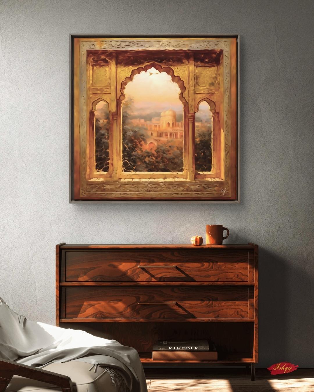 The Mughal Arch | Indian Heritage Wall Art Print | IshqyBusiness. The Mughal Arch art print featuring intricate Indian architecture and sunset views. Canvas & framed canvas painting print for timeless home decor.
