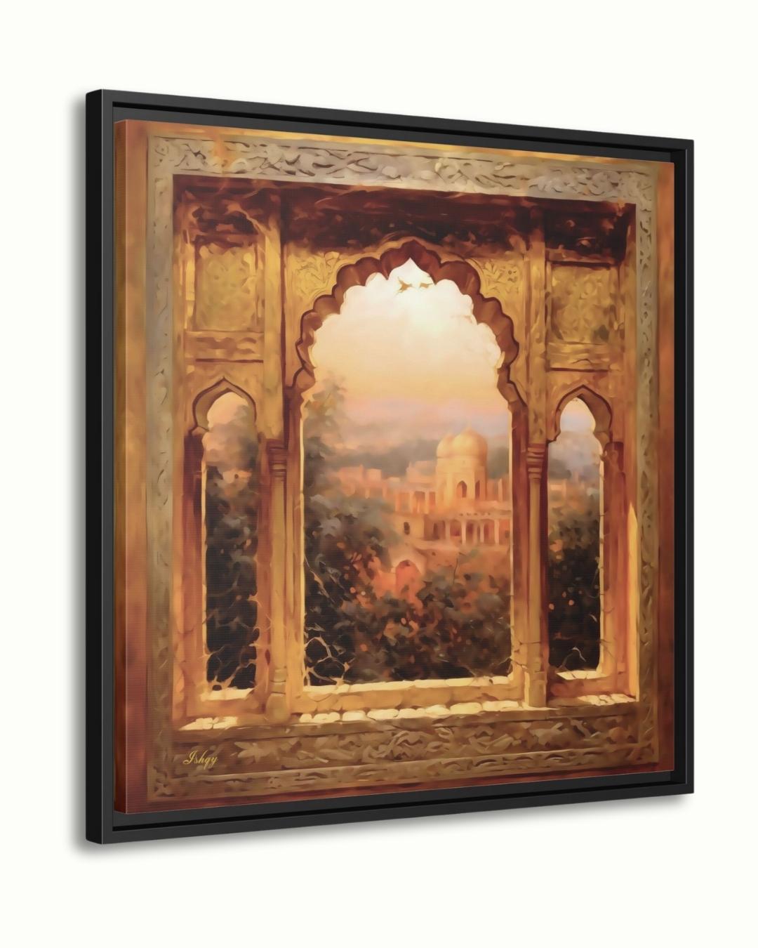 The Mughal Arch | Indian Heritage Wall Art Print | IshqyBusiness. The Mughal Arch art print featuring intricate Indian architecture and sunset views. Canvas & framed canvas painting print for timeless home decor.