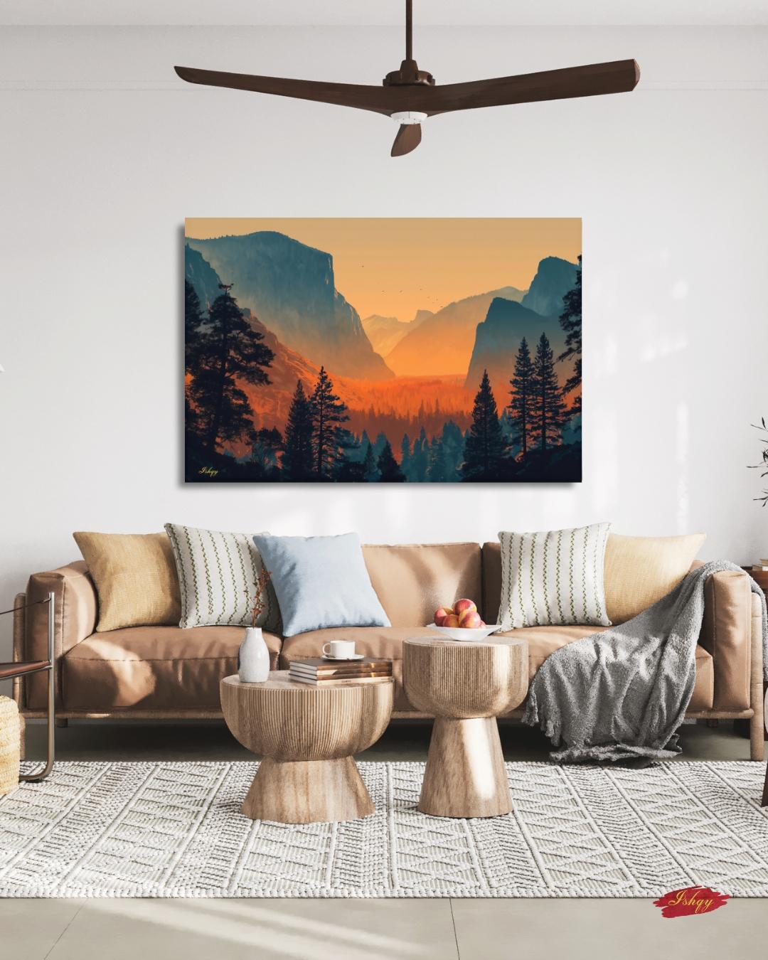 Yosemite Valley Landscape Painting Canvas Framed Canvas, California National Park Wall Art Print, Sunset Decor For Large Living Room Office