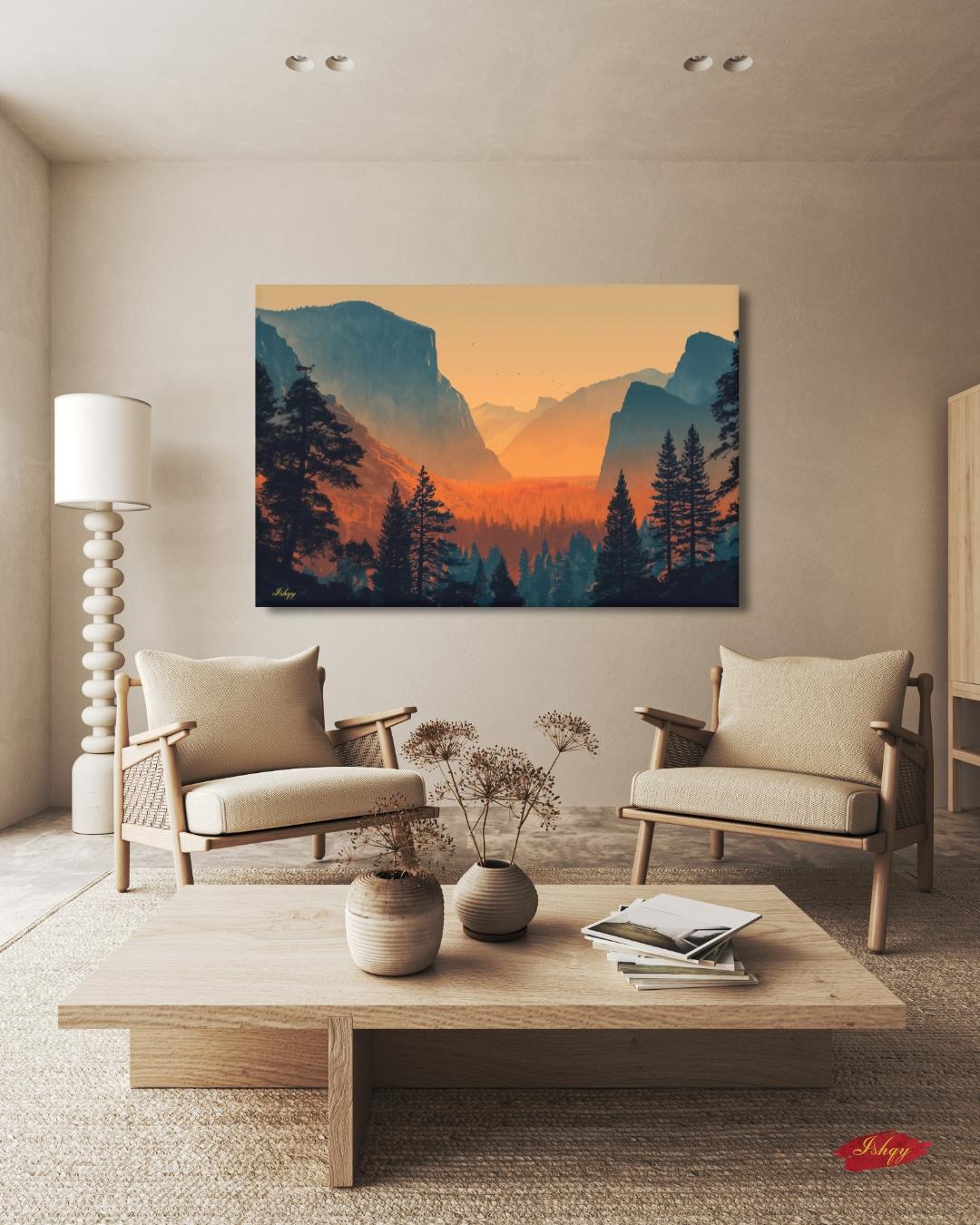 Yosemite Valley Landscape Painting Canvas Framed Canvas, California National Park Wall Art Print, Sunset Decor For Large Living Room Office