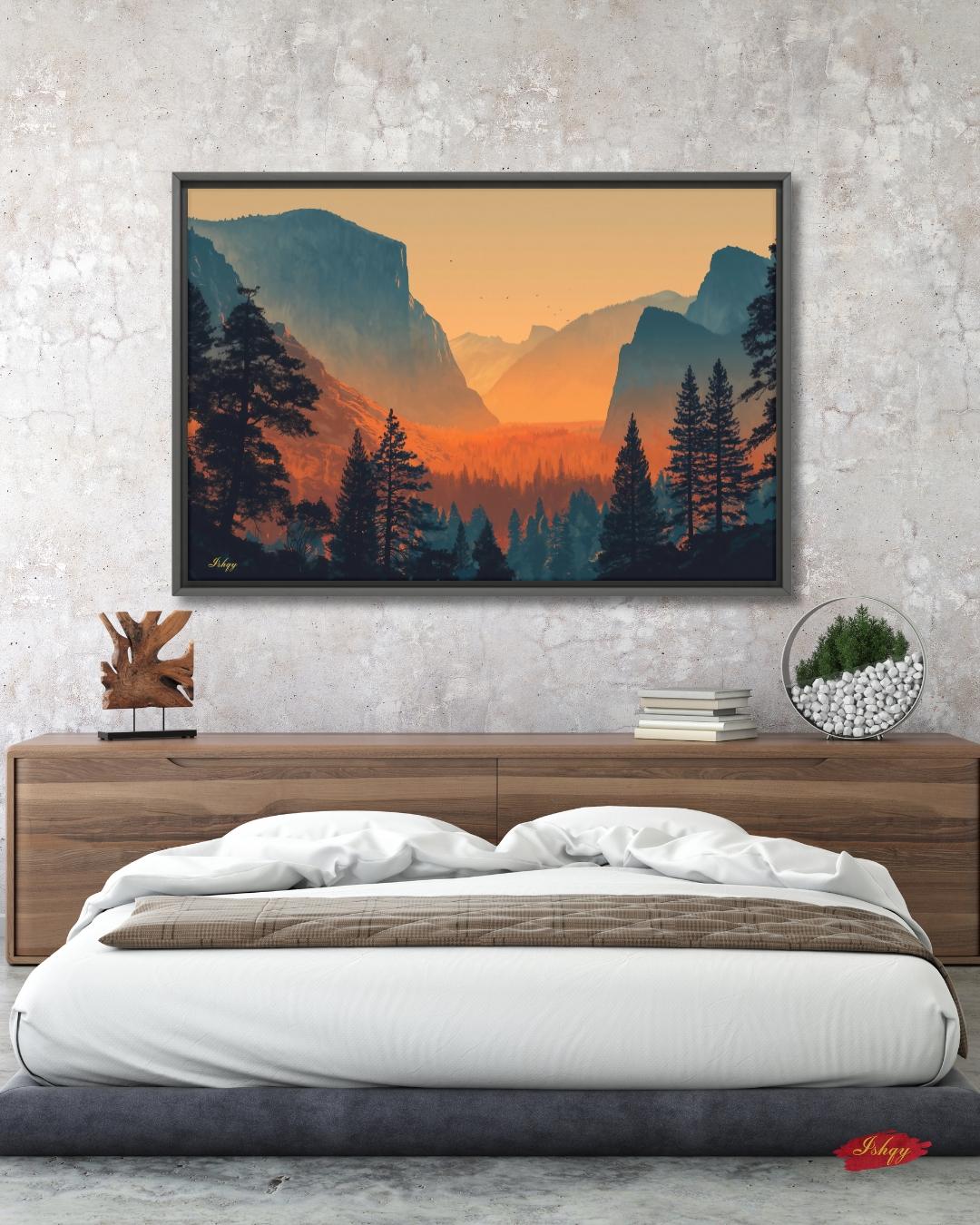Yosemite Valley Landscape Painting Canvas Framed Canvas, California National Park Wall Art Print, Sunset Decor For Large Living Room Office