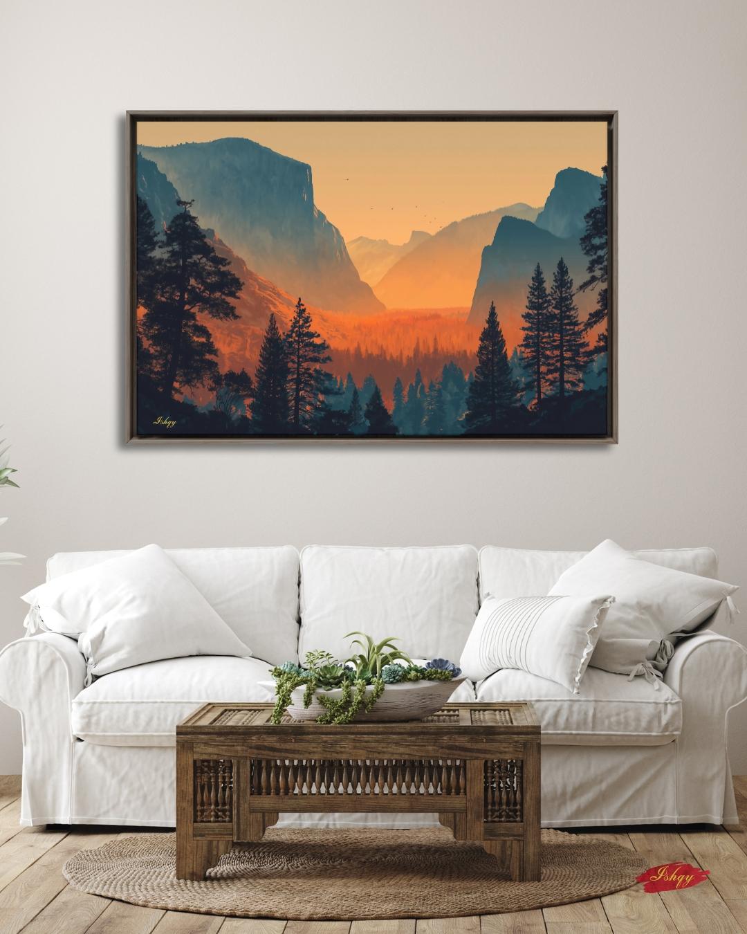 Yosemite Valley Landscape Painting Canvas Framed Canvas, California National Park Wall Art Print, Sunset Decor For Large Living Room Office