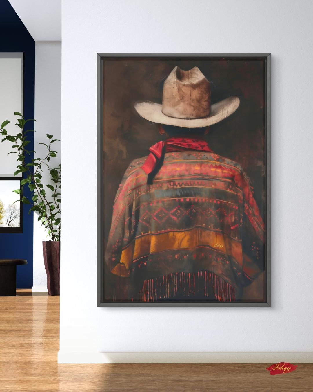 Hispanic Vaquero Cowboy Painting, Canvas & Framed Canvas Western Wall Art, Mexican Charro Serape Ranch Decor, Rustic Southwest Art Print
