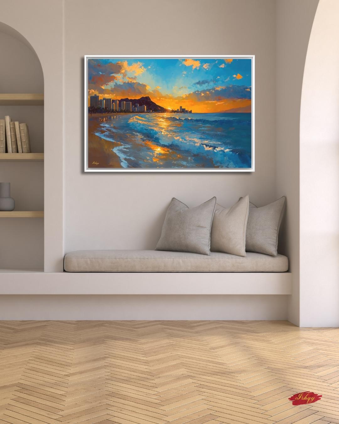 Waikiki Beach Sunset Painting, Hawaii Wall Art, Ocean Wave Canvas, Honolulu Skyline Seascape, Coastal Travel Home Decor Print