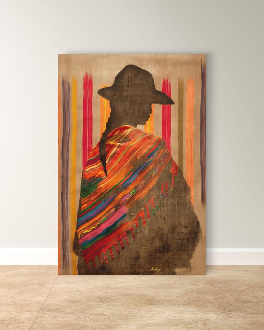 Bolivian Woman Silhouette Wall Art Print, Canvas, Framed Canvas, Indigenous Textile Poncho, Andean Boho Home Decor for Living Room Bedroom