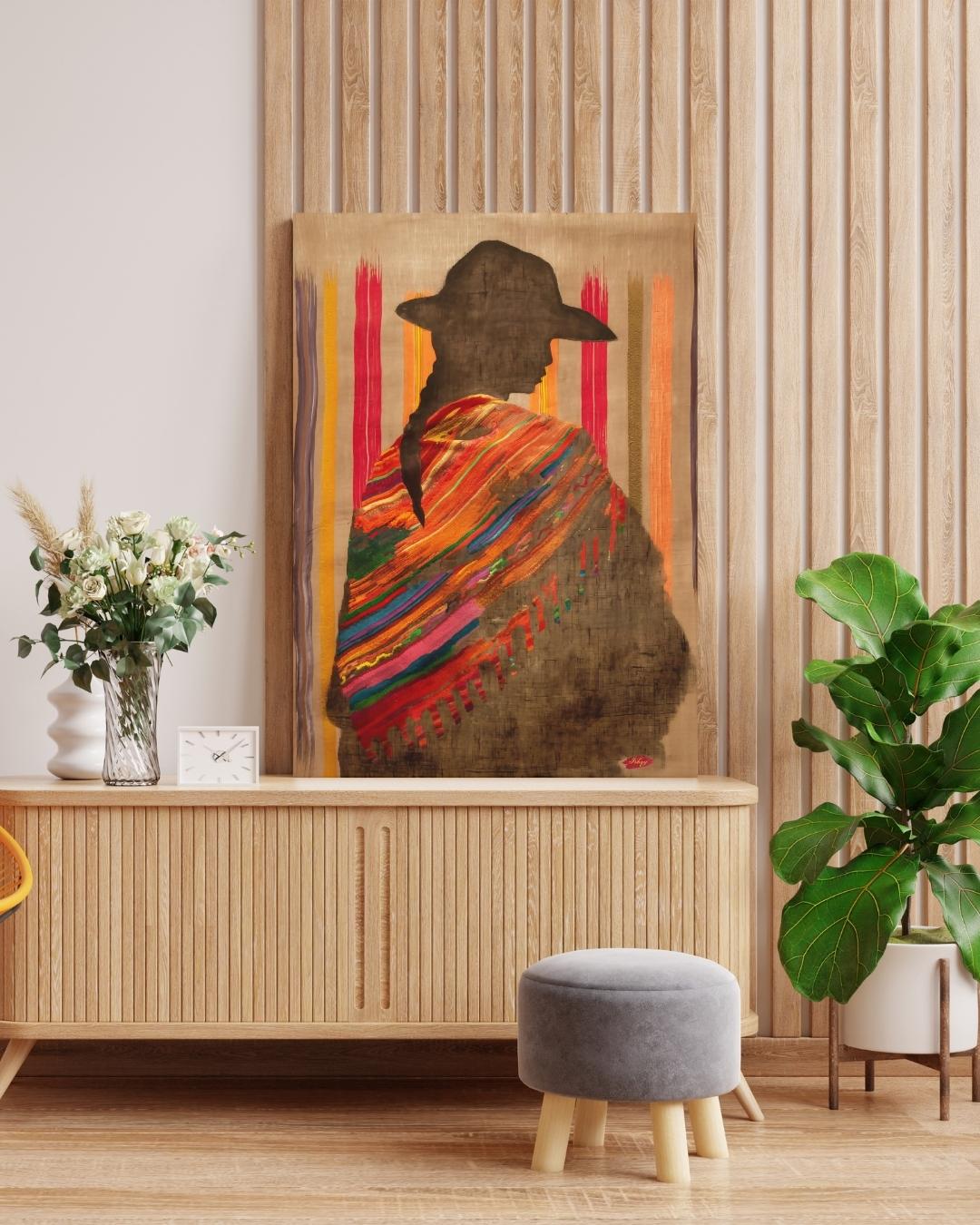 Bolivian Woman Canvas Wall Art, Andean Textile Art Print, Framed Silhouette Wall Decor, Cultural Canvas for Living Room or Gift Idea