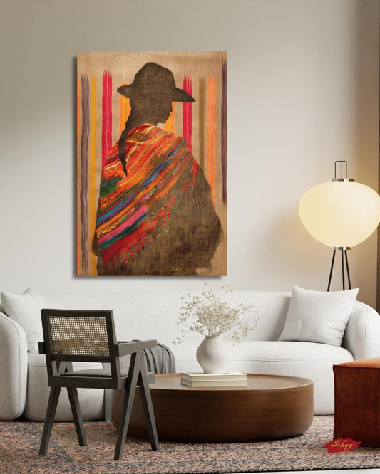Bolivian Woman Silhouette Wall Art Print, Canvas, Framed Canvas, Indigenous Textile Poncho, Andean Boho Home Decor for Living Room Bedroom