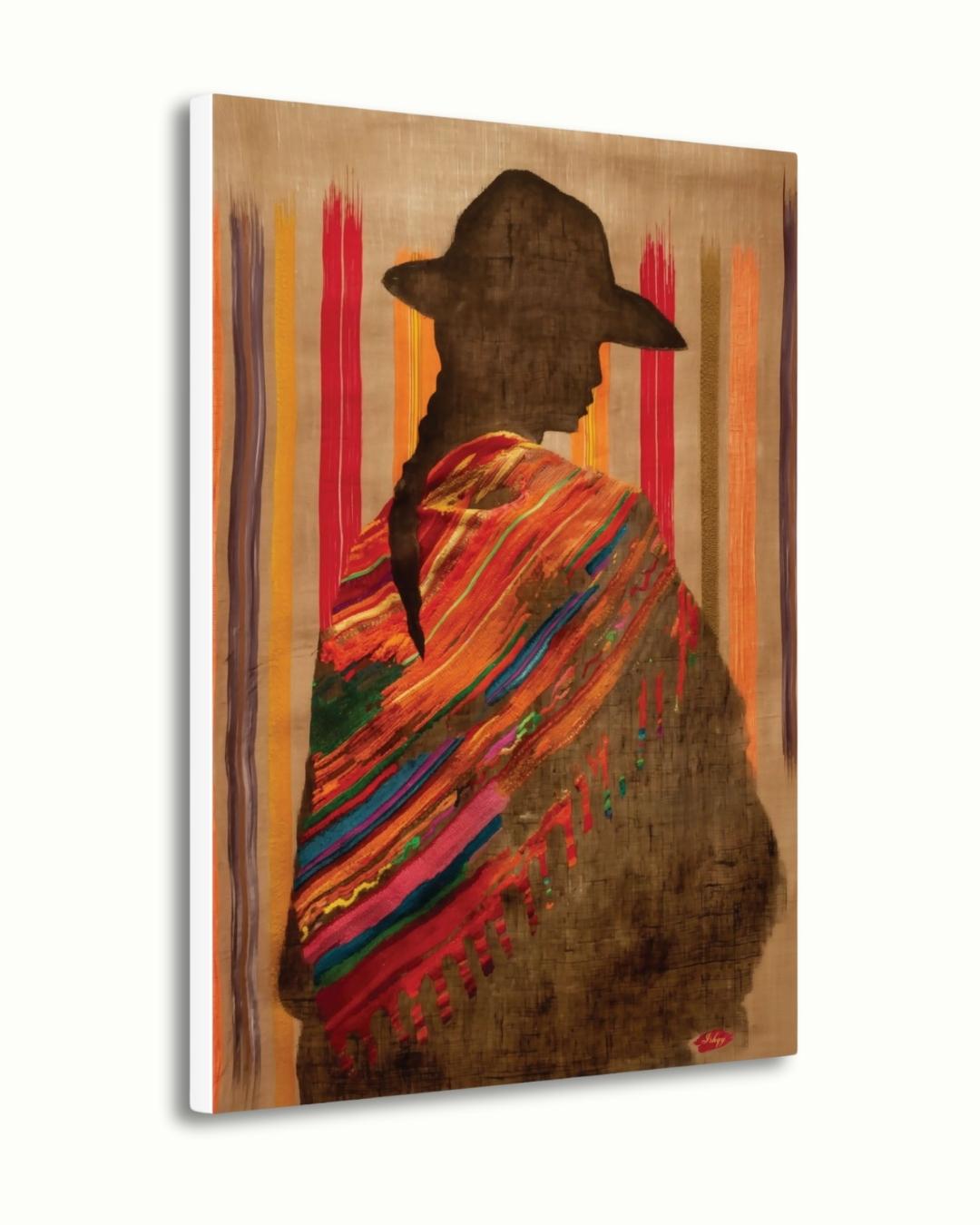 Bolivian Woman Canvas Wall Art, Andean Textile Art Print, Framed Silhouette Wall Decor, Cultural Canvas for Living Room or Gift Idea