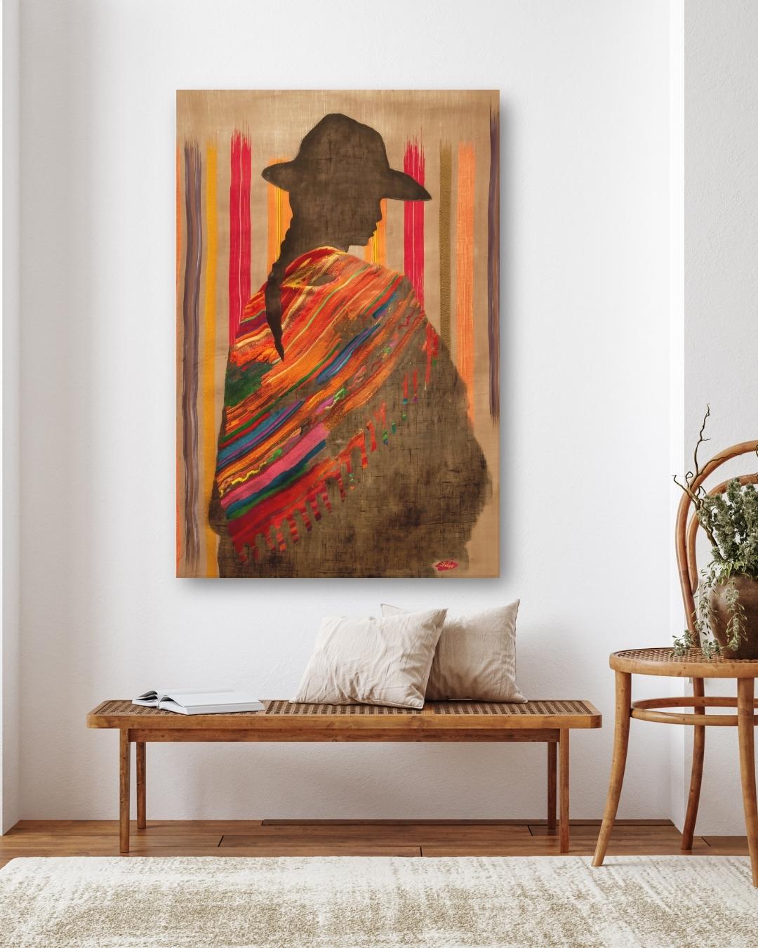 Bolivian Woman Canvas Wall Art, Andean Textile Art Print, Framed Silhouette Wall Decor, Cultural Canvas for Living Room or Gift Idea