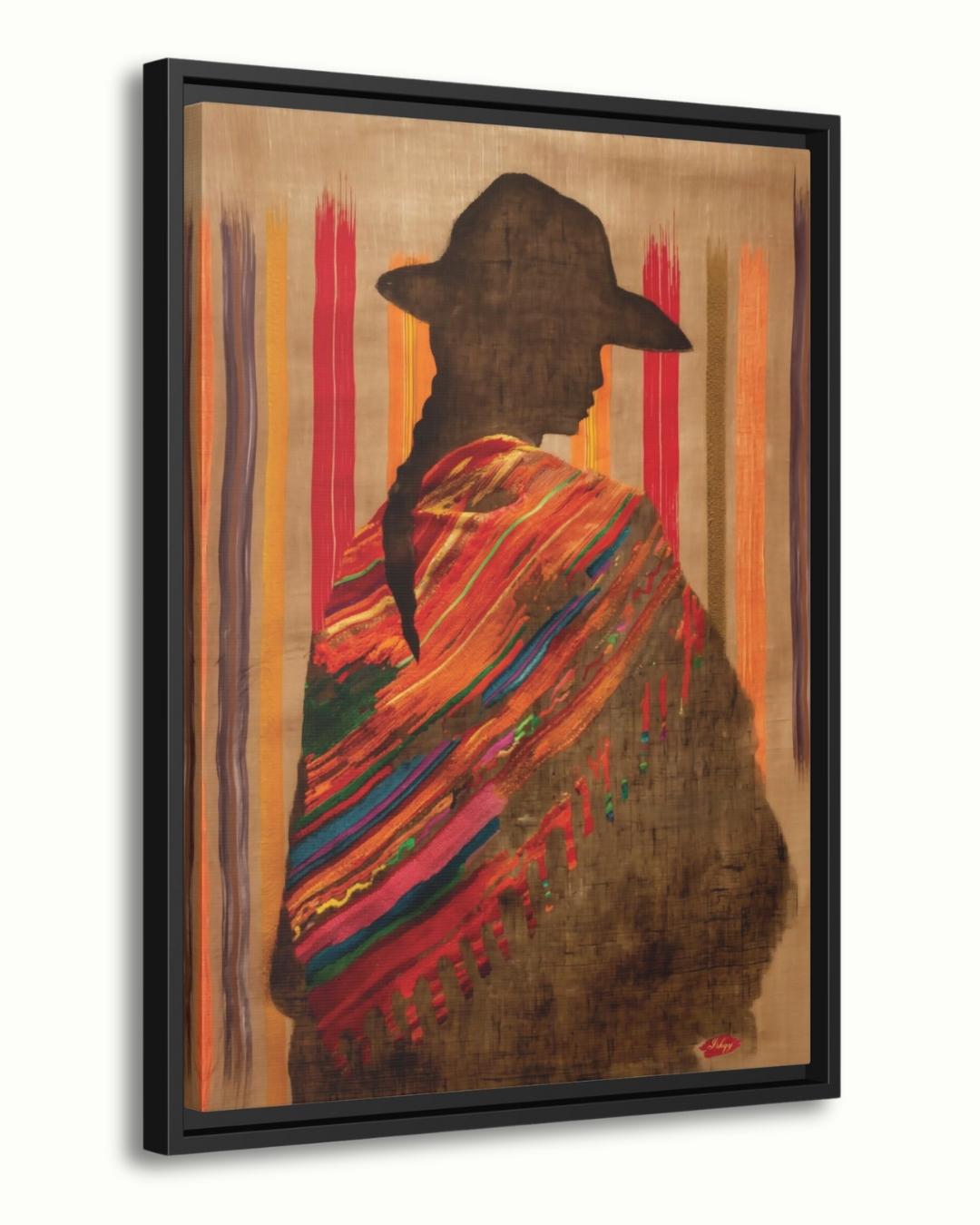 Bolivian Woman Canvas Wall Art, Andean Textile Art Print, Framed Silhouette Wall Decor, Cultural Canvas for Living Room or Gift Idea