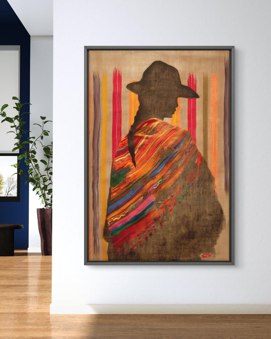 Bolivian Woman Canvas Wall Art, Andean Textile Art Print, Framed Silhouette Wall Decor, Cultural Canvas for Living Room or Gift Idea