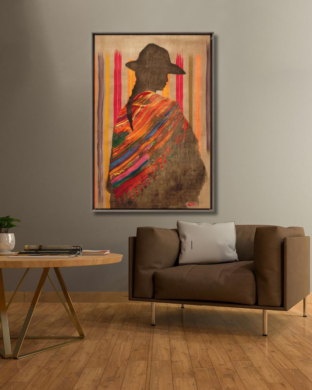 Bolivian Woman Canvas Wall Art, Andean Textile Art Print, Framed Silhouette Wall Decor, Cultural Canvas for Living Room or Gift Idea