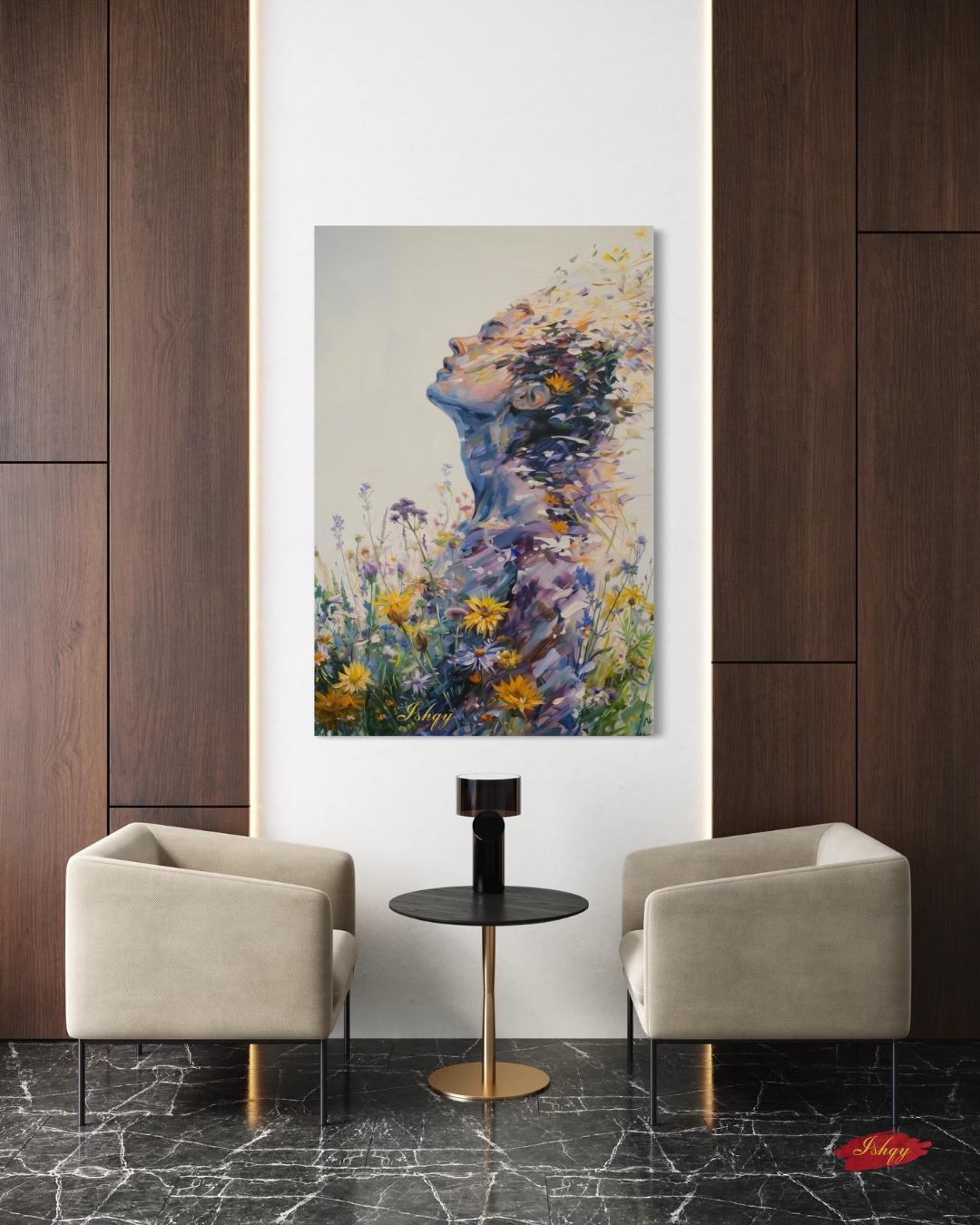 Abstract Wildflower Woman Silhouette Wall Art Print Canvas Framed Canvas, Floral Portrait Modern Boho Bedroom Living Room Decor