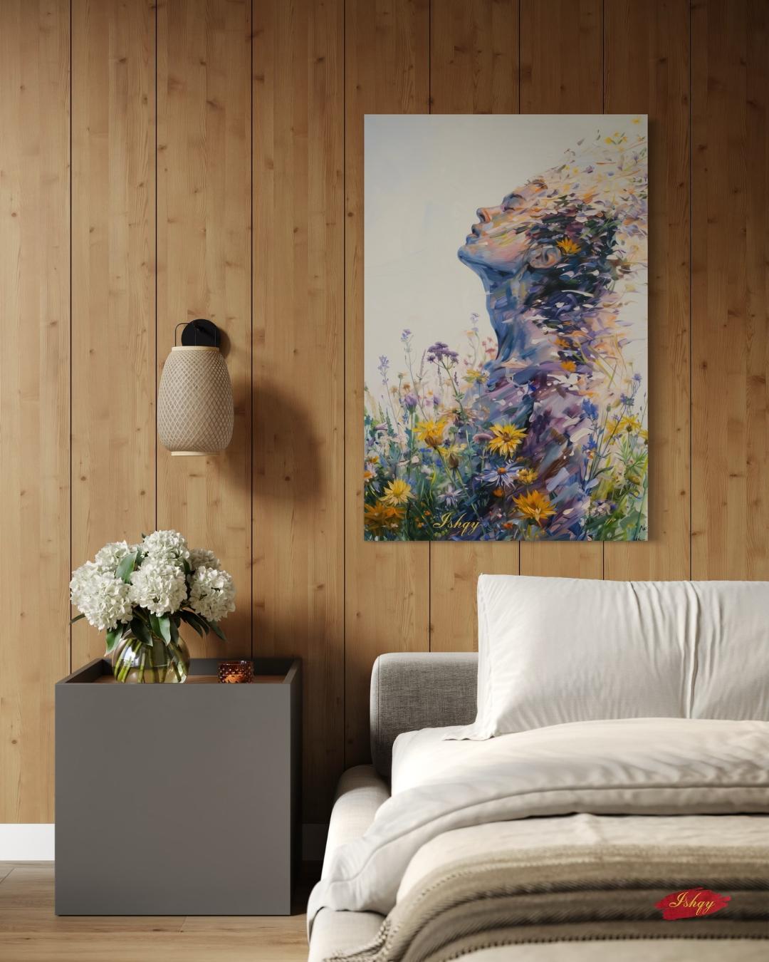 Abstract Wildflower Woman Silhouette Wall Art Print Canvas Framed Canvas, Floral Portrait Modern Boho Bedroom Living Room Decor