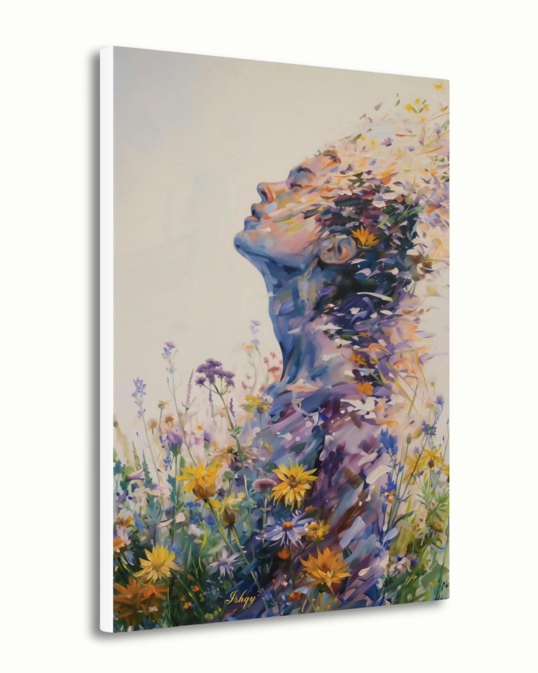 Abstract Wildflower Woman Silhouette Wall Art Print Canvas Framed Canvas, Floral Portrait Modern Boho Bedroom Living Room Decor