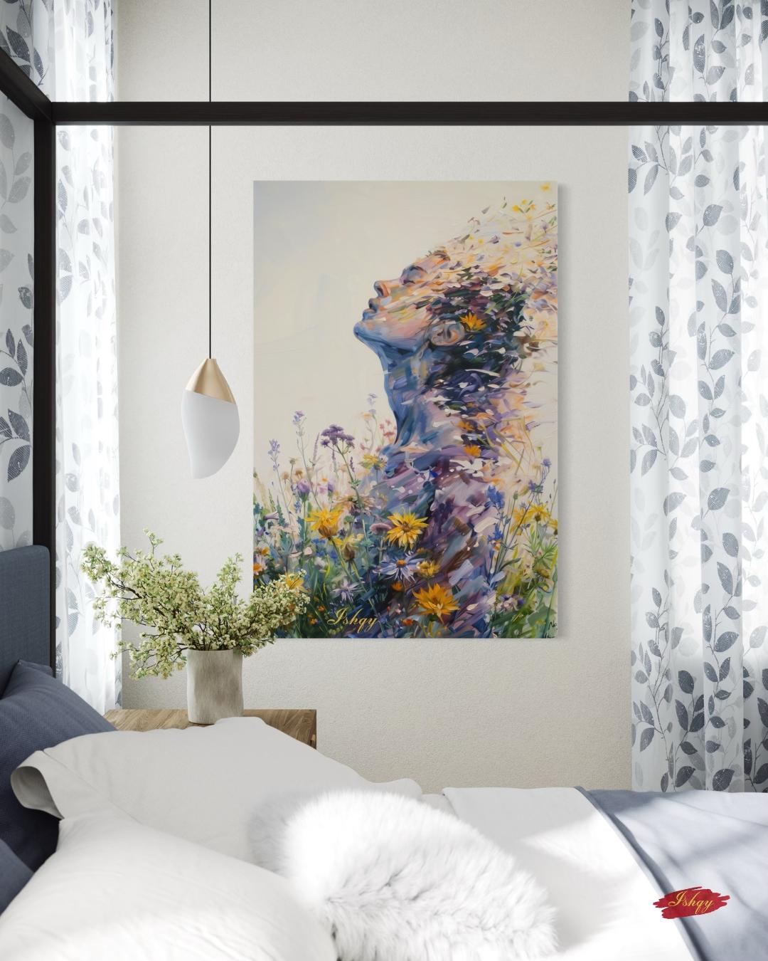 Abstract Wildflower Woman Silhouette Wall Art Print Canvas Framed Canvas, Floral Portrait Modern Boho Bedroom Living Room Decor