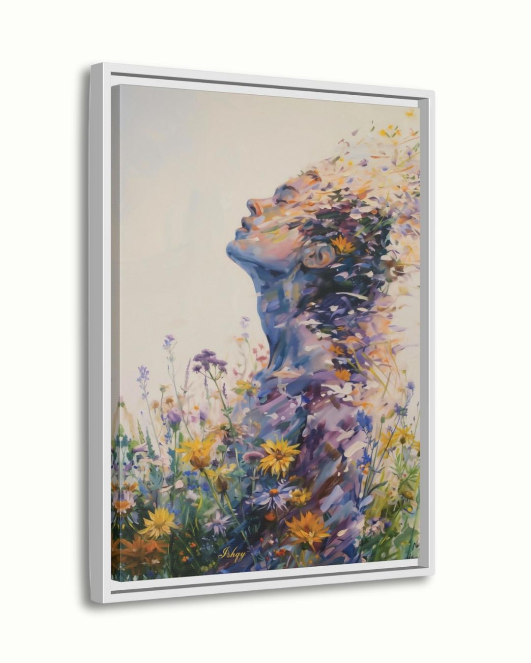 Abstract Wildflower Woman Silhouette Wall Art Print Canvas Framed Canvas, Floral Portrait Modern Boho Bedroom Living Room Decor