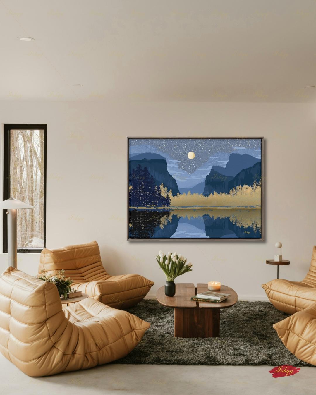 Yosemite Starry Night Canvas Wall Art, Navy Gold Moon Lake Framed Canvas Print, Modern Mountain Reflection Landscape Painting, Living Room Decor