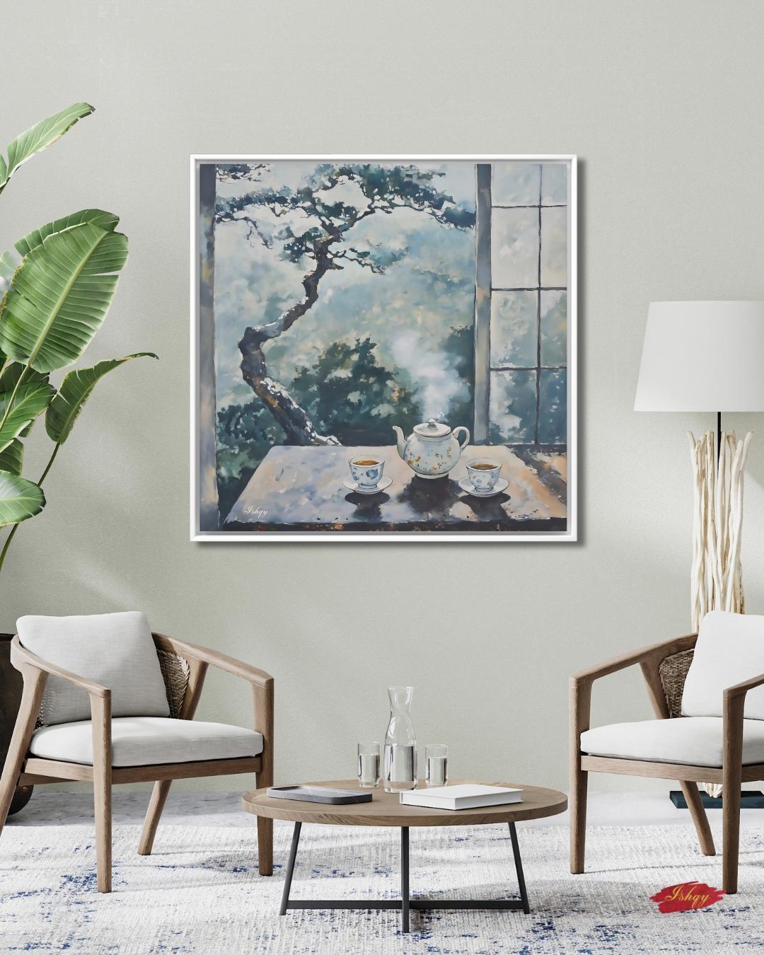 Japanese Tea Ceremony Painting, Zen Teapot and Teacups Wall Art, Tranquil Nature View Canvas for Kitchen, Dining Room, or Living Room Decor