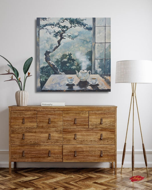 Japanese Tea Ceremony Painting, Zen Teapot and Teacups Wall Art, Tranquil Nature View Canvas for Kitchen, Dining Room, or Living Room Decor